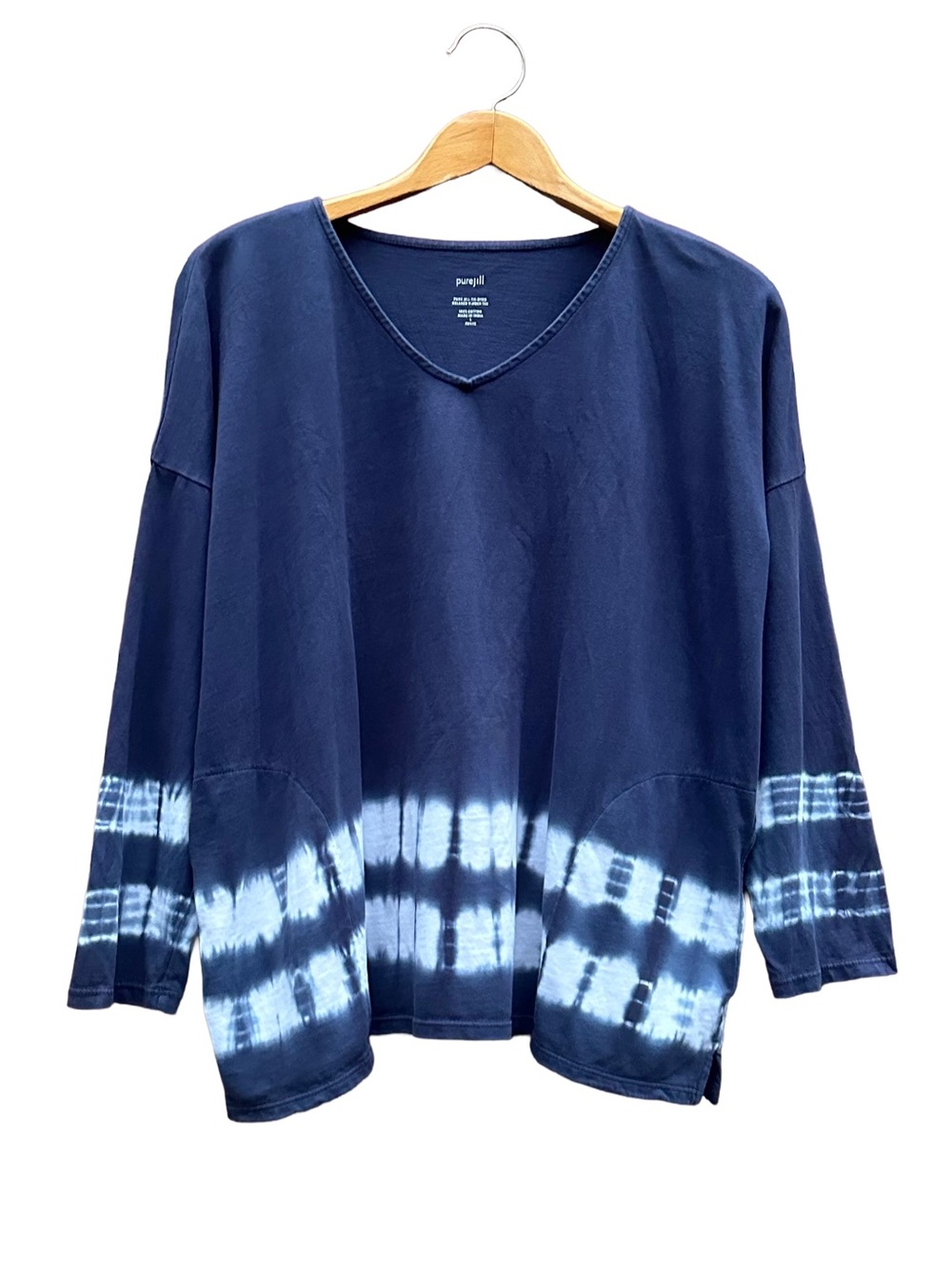 J Jill Pure Jill Tie-Dyed Relaxed V-Neck Tee Top Shirt Pockets L Large Petite